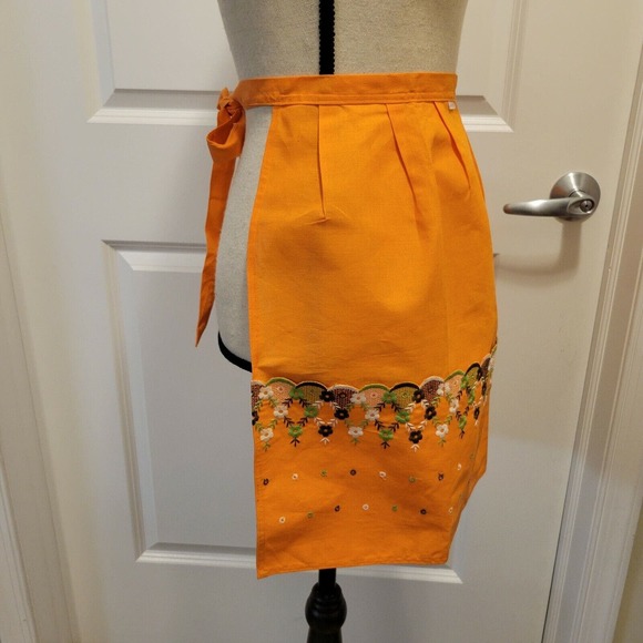 Vintage Jean Bart Orange Linen Floral Cottage Core MCM Embroidered Apron - Picture 4 of 6